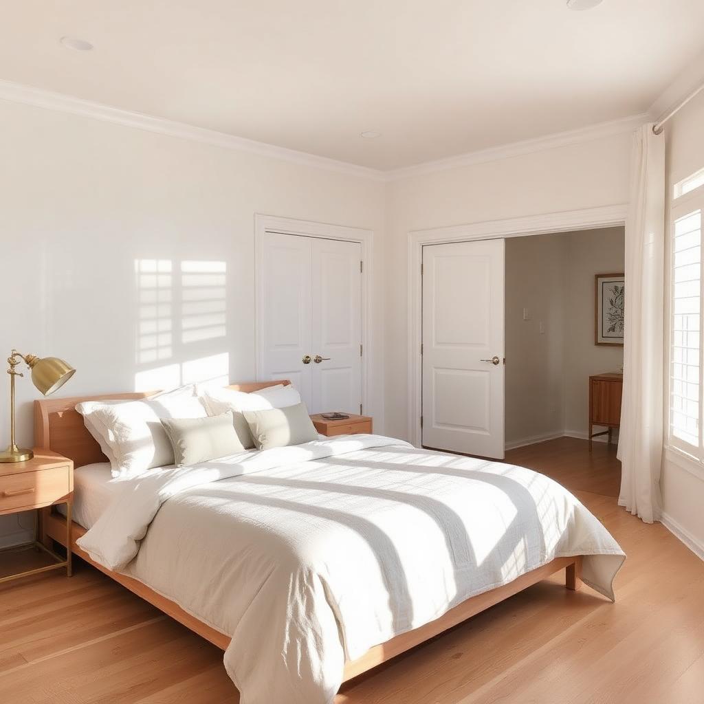Bright primary bedroom with plantation shutters