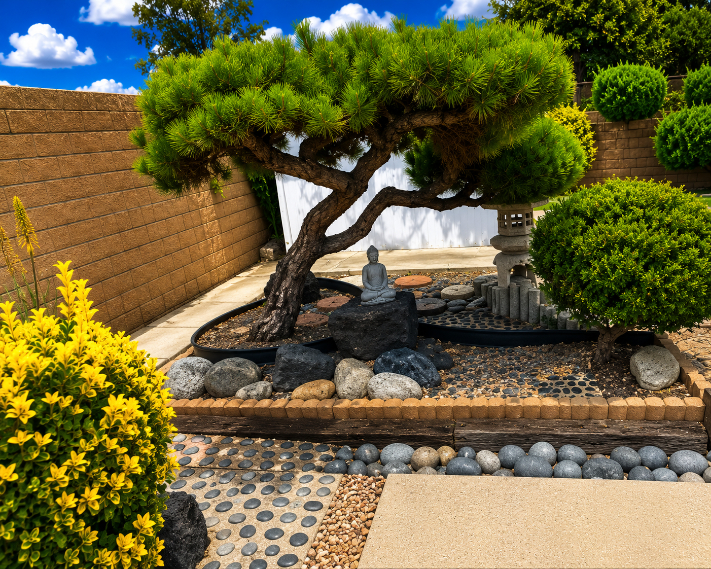 Japanese-inspired garden with bonsai and stone lantern