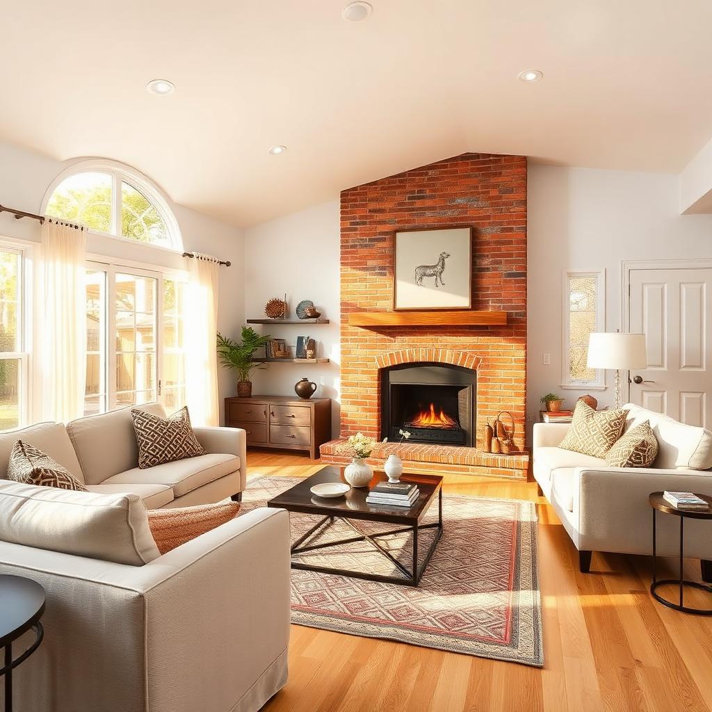 Living room with brick fireplace and hardwood floors
