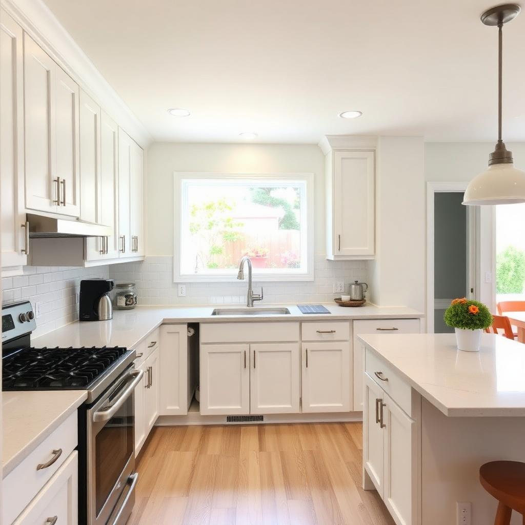 Refreshed kitchen with white shaker cabinets and quartz counters