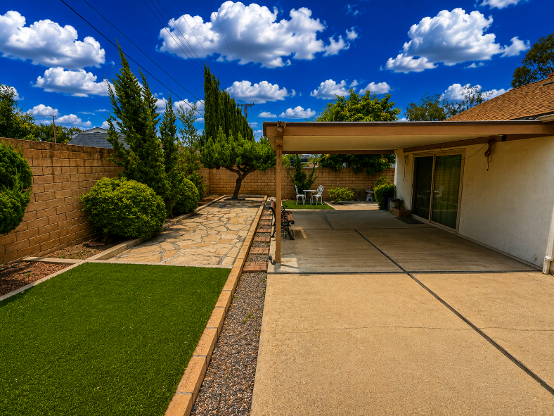 Backyard with covered patio and manicured landscaping