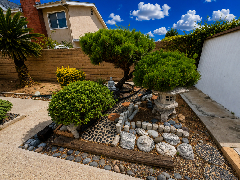 Zen garden detail with sculpted shrubs and stonework
